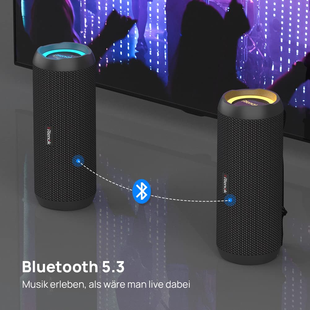 RIENOK Kabelloser Bluetooth-Lautsprecher mit Bass & Licht, IPX7 Wasserdicht