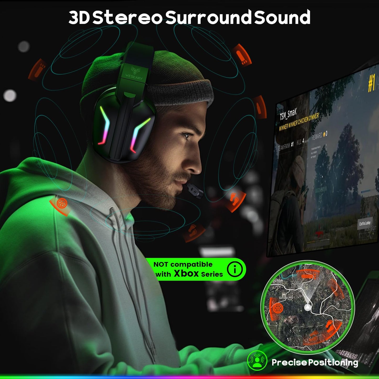 WESEARY WG1 Wireless Gaming Headset mit 2,4G & Bluetooth, 50+h Akku, Noise Cancelling